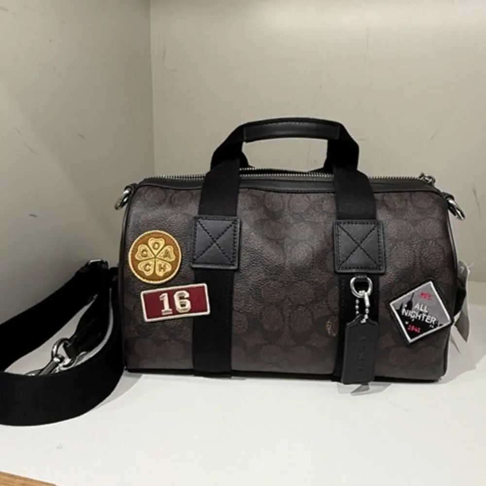 Coach Explorer Duffle Bag 28 In Signature Canvas With Patches CGA26 Walnut/Black